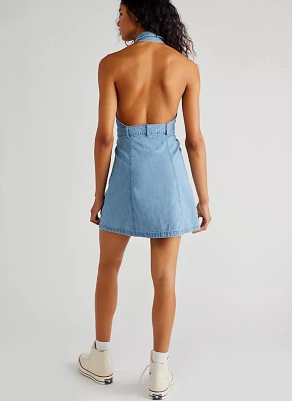 FREE PEOPLE | Blue Jean Denim Halter Back Mini Dress | (MEDIUM)